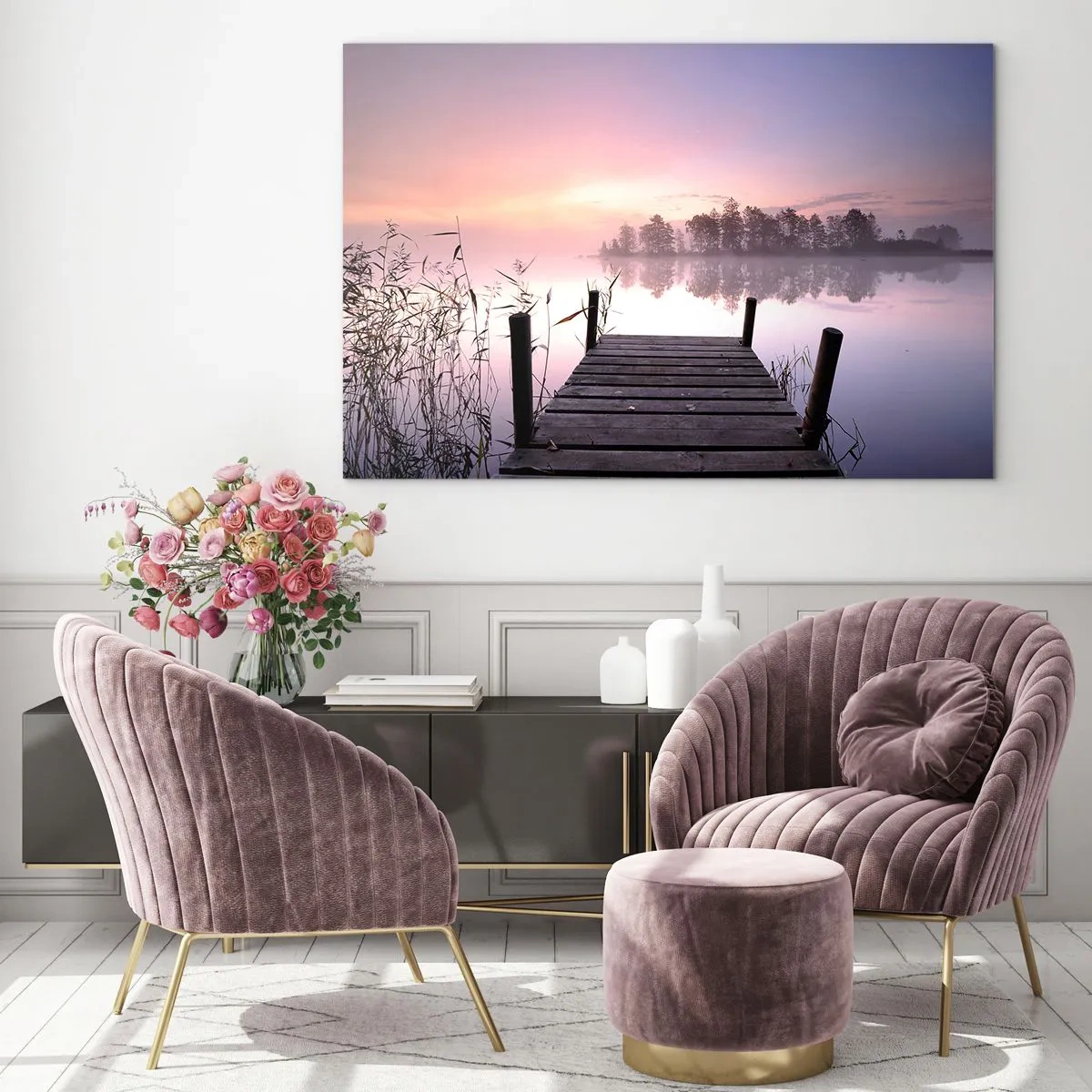 Üveg kép - Egy móló napfelkeltekor egy nyugodt tó felett - 70x50cm - A lila ködből... - Modern fali dekoráció nappalihoz és hálószobához ARTTOR