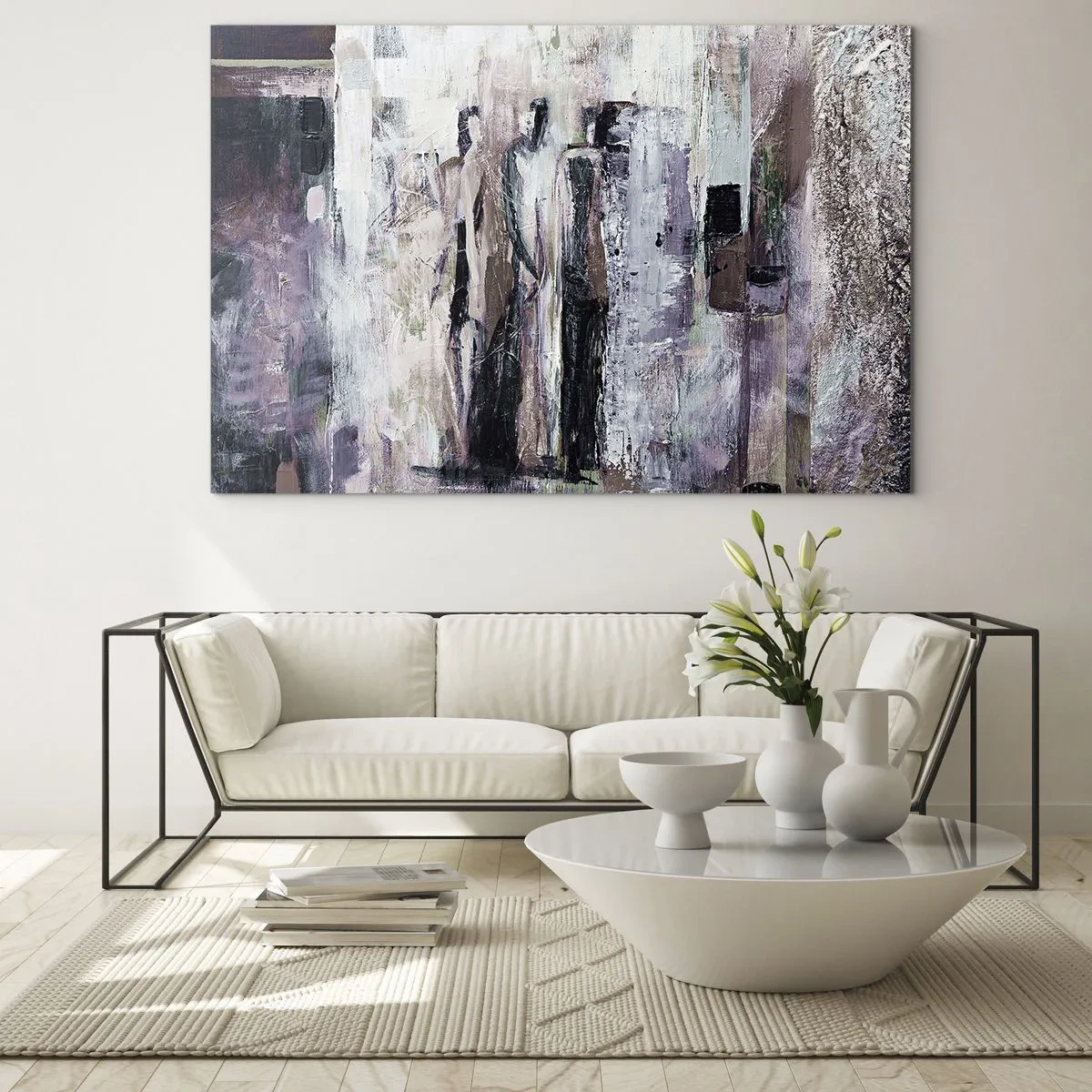 Üveg kép - Absztrakt alakok sziluettjei texturált festék háttér előtt - 70x50cm - A titokzatos hámas - Modern fali dekoráció nappalihoz és hálószobához ARTTOR