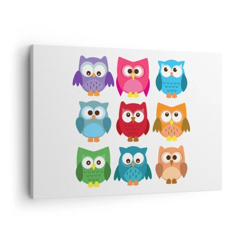 Vászonkép - Színes illusztrációk baglyokról gyermeki stílusban - 70x50cm - Jó móka másnak lenni - Modern fali dekoráció nappalihoz és hálószobához ARTTOR