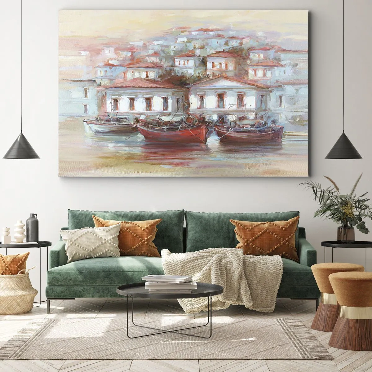 Vászonkép - Színes hajók és festői épületek a vízparton pasztell árnyalatokban - 70x50cm - Boldog kisváros - Modern fali dekoráció nappalihoz és hálószobához ARTTOR