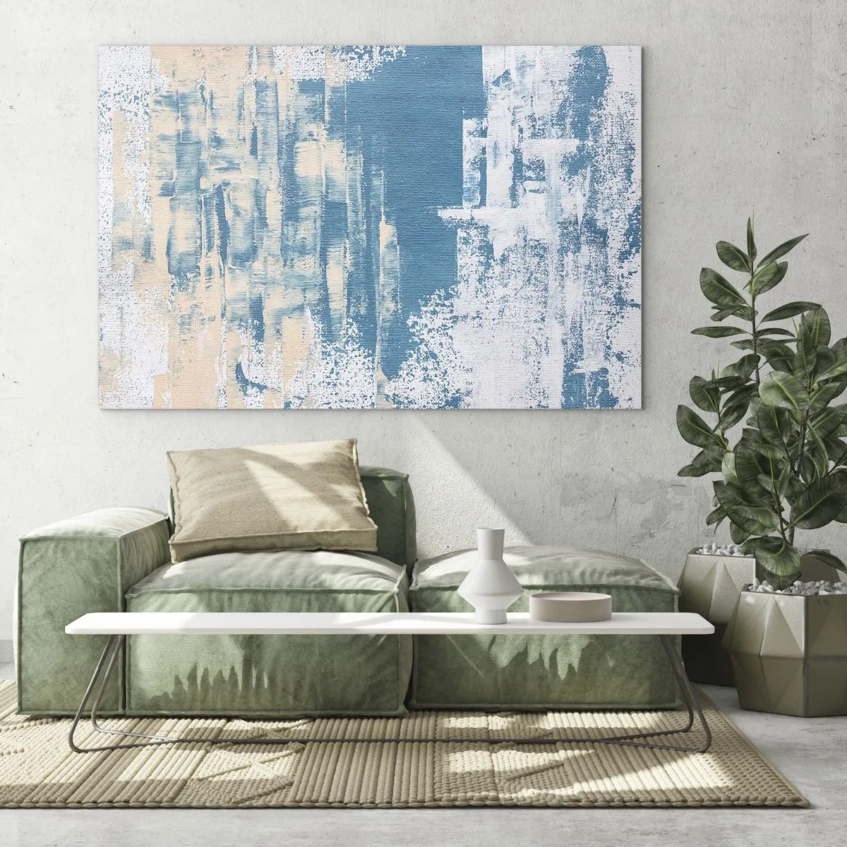 Üveg kép - Kék és bézs absztrakció ecset textúrával - 70x50cm - Jégcsapon keresztül - Modern fali dekoráció nappalihoz és hálószobához ARTTOR