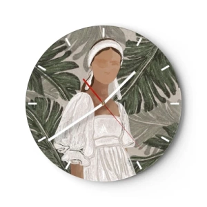 Falióra, Óra - Stilizált portré egy nőről trópusi levelek hátterében. - 30x30cm - Egzotikus portré - Modern fali dekoráció nappalihoz, konyhához és hálószobához ARTTOR