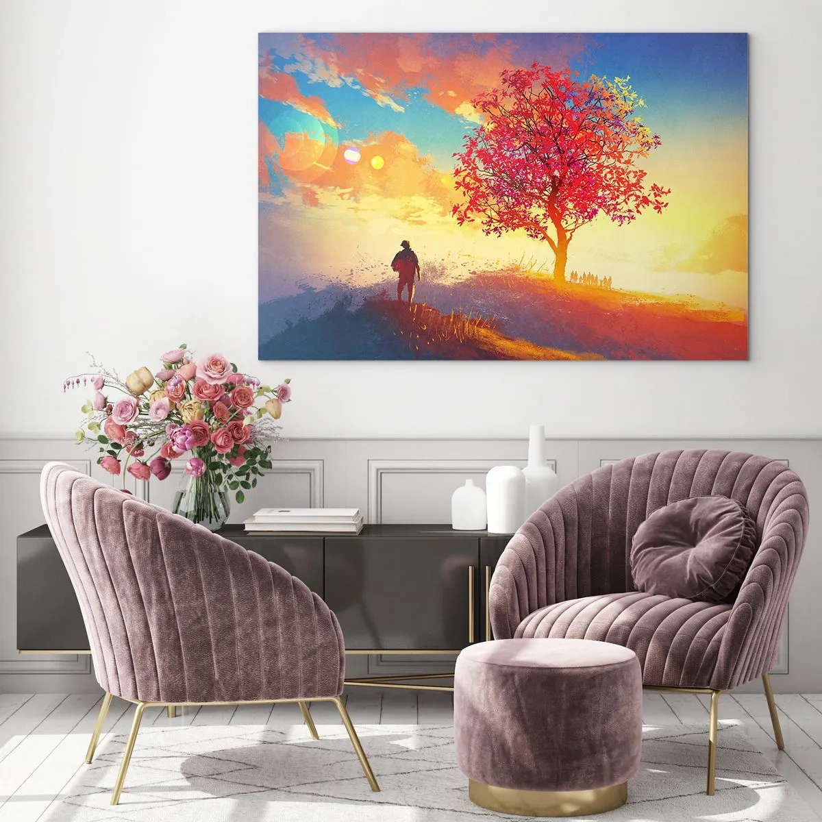 Üveg kép - Egy alak színes ég és meleg színű fa hátterében - 70x50cm - Zarándok a célállomáson - Modern fali dekoráció nappalihoz és hálószobához ARTTOR