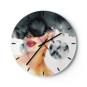 Falióra, Óra - Szemüveges nő portréja nagy fülbevalókkal, akvarell - 30x30cm - Az elegancia titka - Modern fali dekoráció nappalihoz, konyhához és hálószobához ARTTOR