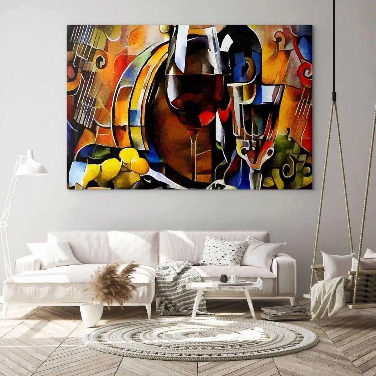 Üveg kép - Absztrakt kompozíció borospohárral és hangszerekkel - 70x50cm - A világ is színeket ölt - Modern fali dekoráció nappalihoz és hálószobához ARTTOR