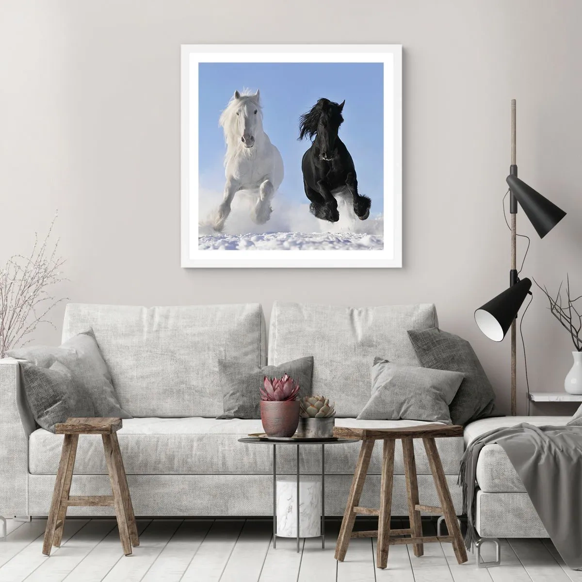 Poszter fekete keretben - Fekete-fehér galopp - 30x30 cm