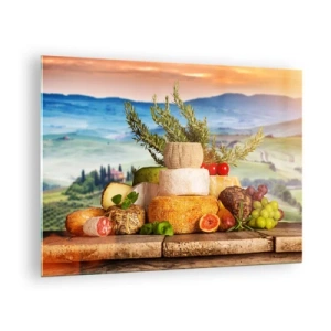 Üveg kép - Sajtok és gyümölcsök kompozíciója a toszkán táj hátterében - 70x50cm - Az olasz életöröm - Modern fali dekoráció nappalihoz és hálószobához ARTTOR