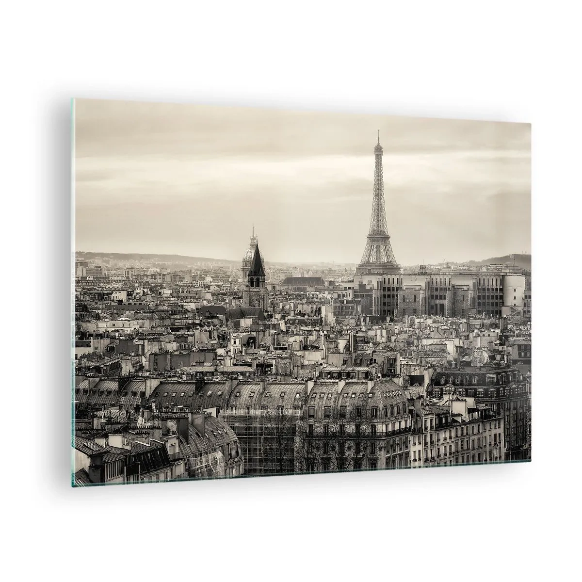 Üveg kép - Párizs panorámája, szépia árnyalatú Eiffel-torony kilátással - 70x50cm - Párizs háztetői fölött - Modern fali dekoráció nappalihoz és hálószobához ARTTOR