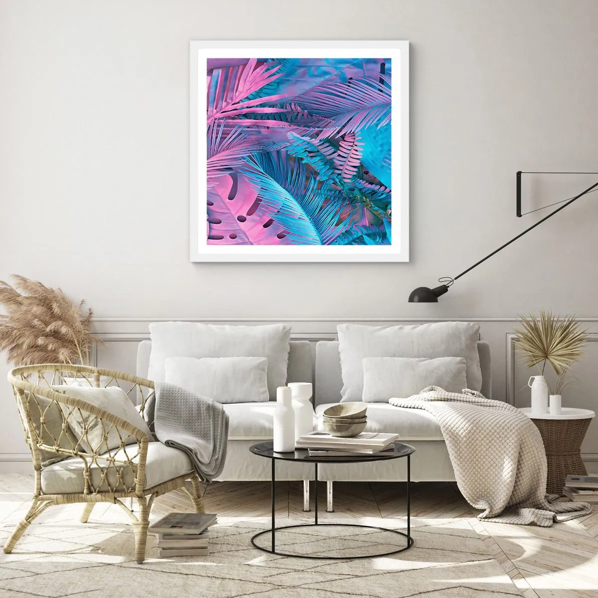Poszter fekete keretben - Trópusok rózsaszínben és kékben - 60x60 cm