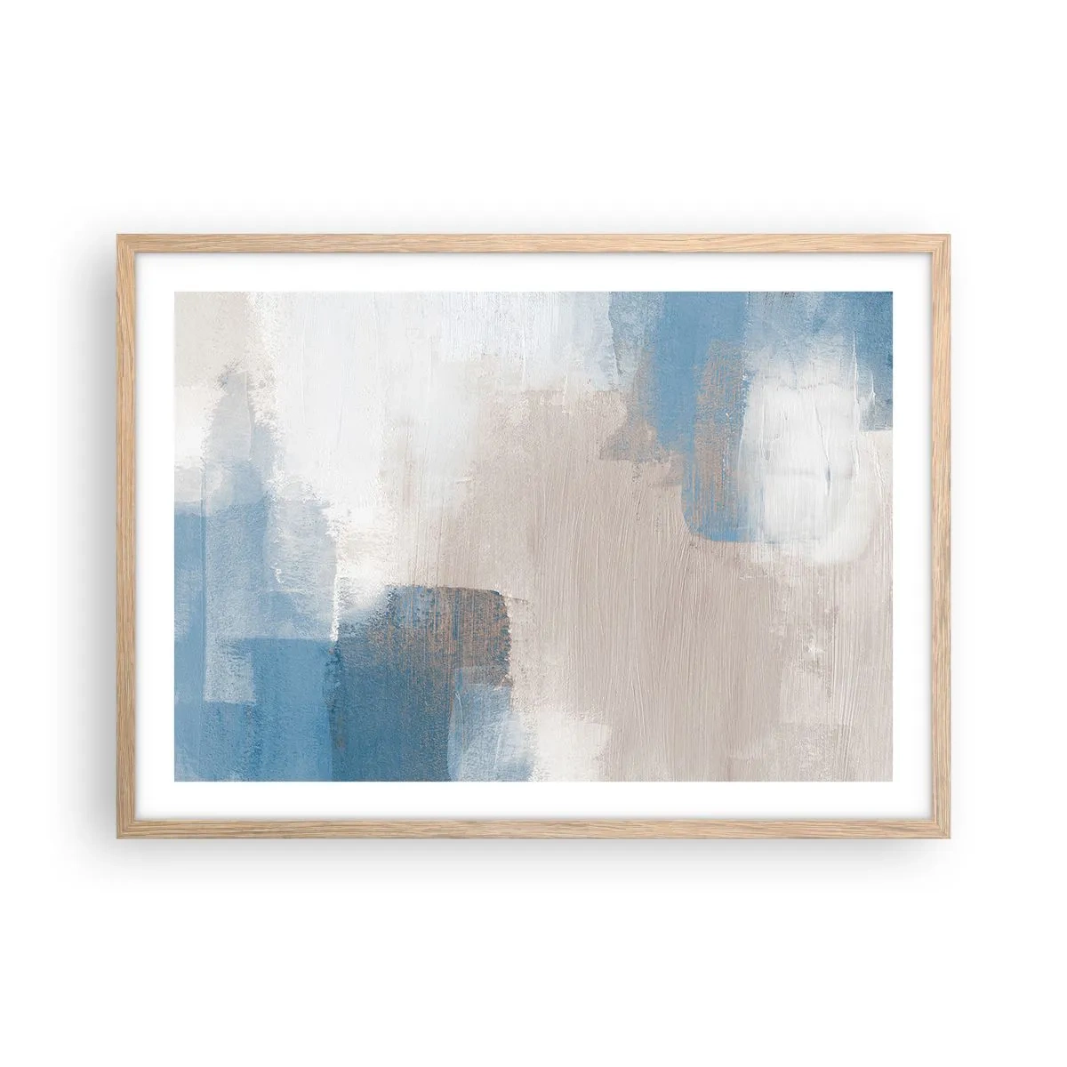 Poszter világos tölgy keretben - Rózsaszín absztrakció egy kék fátyol mögött - 70x50 cm