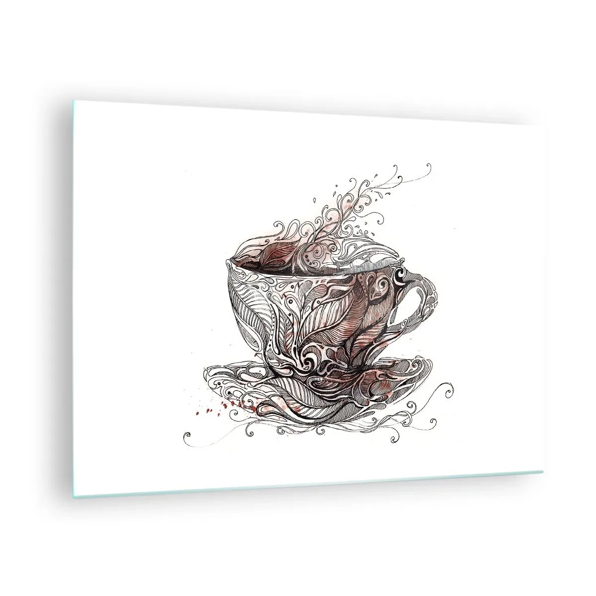 Üveg kép - Egy csésze művészi rajza díszekkel és gőzzel - 70x50cm - Tea mindenre jó - Modern fali dekoráció nappalihoz és hálószobához ARTTOR