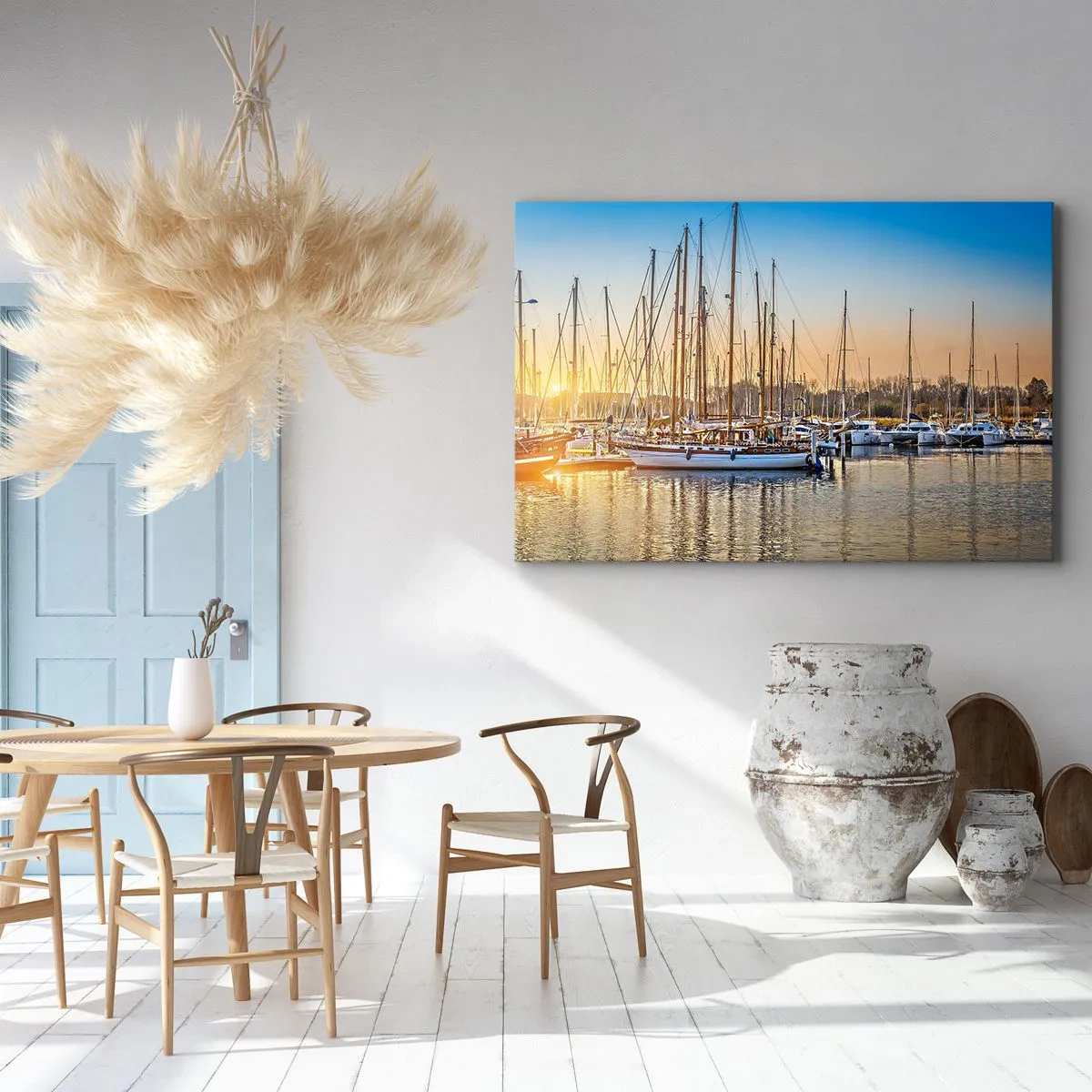 Vászonkép - Naplemente egy vitorlásokkal teli kikötő felett - 70x50cm - A szél is kell aludjon - Modern fali dekoráció nappalihoz és hálószobához ARTTOR