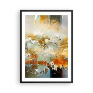 Poszter fehér keretben - Vágtázó lovak absztrakt környezetben - 50x70cm - Vágta a fényen át  - Modern fali dekoráció nappalihoz és hálószobához ARTTOR