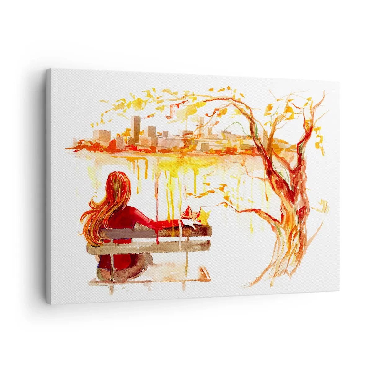 Vászonkép - Akvarell jelenet egy nőről egy padon, kilátással a városra - 70x50cm - Egy pillanatnyi elmélkedés - Modern fali dekoráció nappalihoz és hálószobához ARTTOR