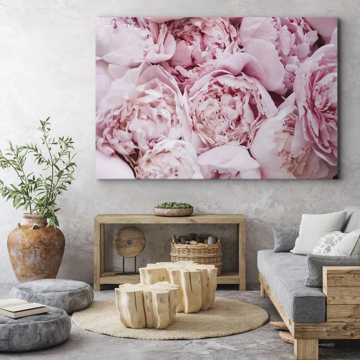 Vászonkép - Rózsaszín pünkösdi rózsák csokorának közeli képe - 70x50cm - Átölelve és illatos - Modern fali dekoráció nappalihoz és hálószobához ARTTOR