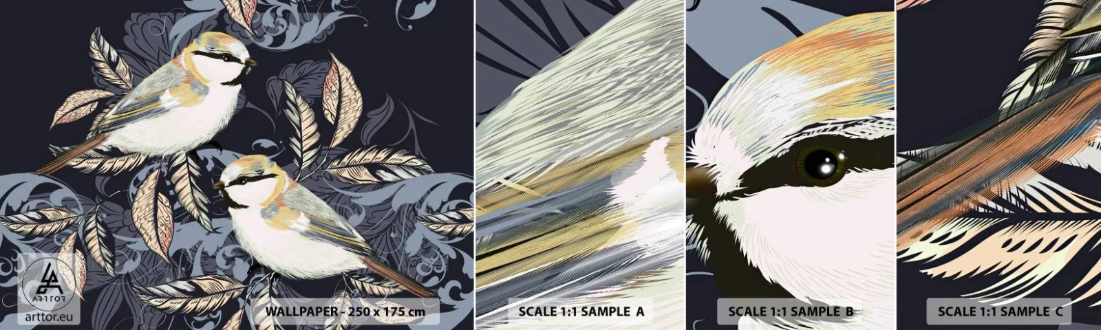 Fotótapéta Minta Öntapadós Deluxe Sticker - Sárga-kék madárdal - Absztrakció, Madarak, Levelek - 100x30 cm