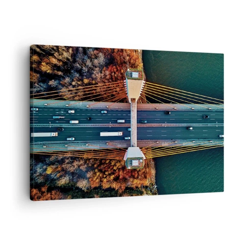 Vászonkép - A folyó felett átívelő híd és az őszi táj légi felvétele - 70x50cm - TÚL a vizeken, túl az erdőkön - Modern fali dekoráció nappalihoz és hálószobához ARTTOR