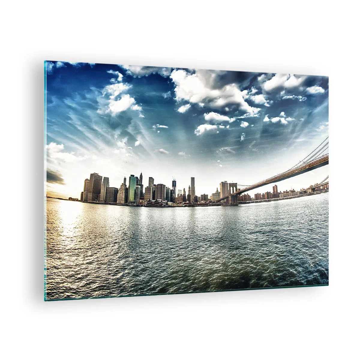 Üveg kép - New York-i panoráma a Brooklyn híddal - 70x50cm - Az üvegsziget - Modern fali dekoráció nappalihoz és hálószobához ARTTOR