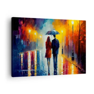 Vászonkép - Egy pár esernyő alatt sétál át egy színes éjszakai városon - 70x50cm - Együtt - egy színes éjszaka - Modern fali dekoráció nappalihoz és hálószobához ARTTOR