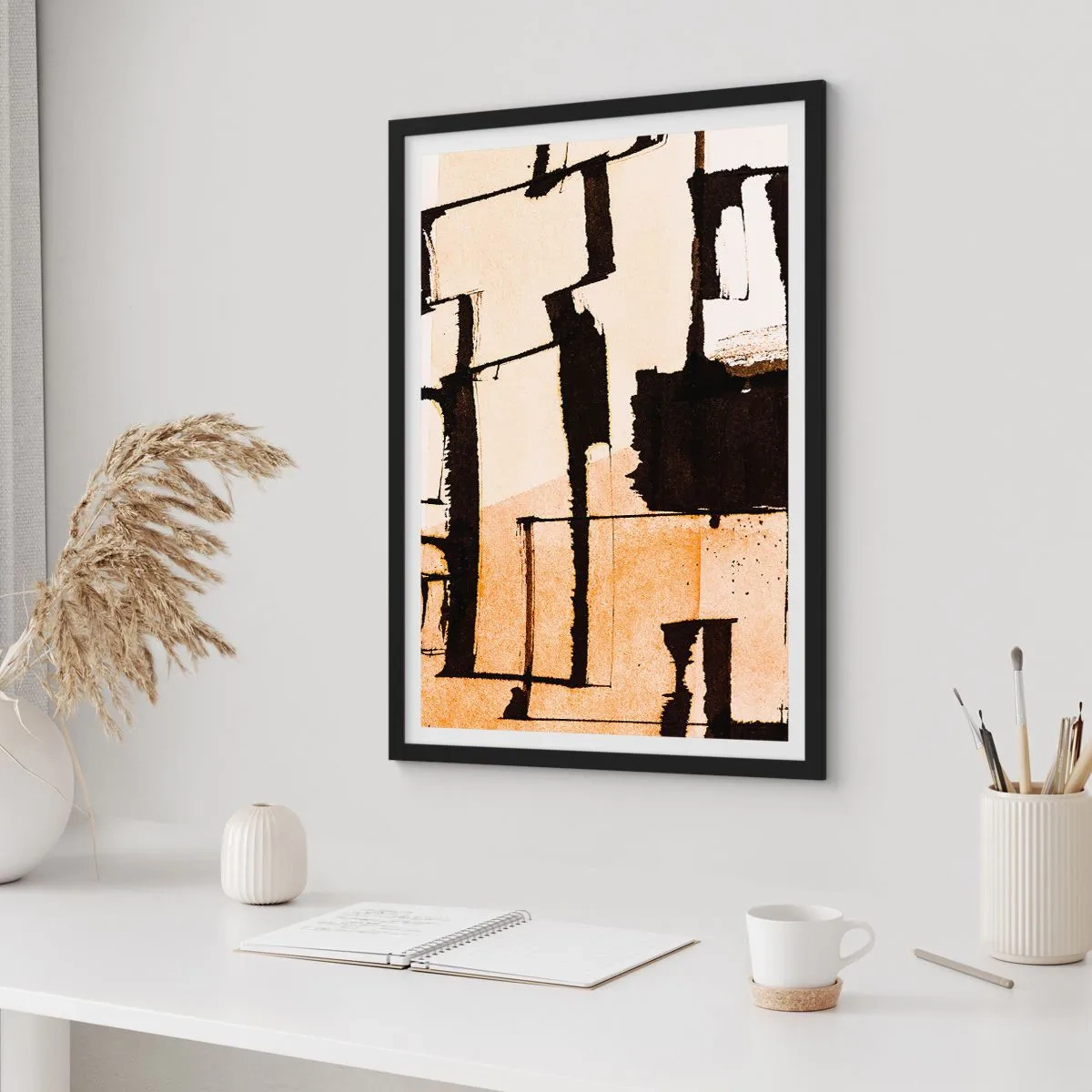 Poszter fehér keretben - Geometriai alakzatok absztrakt kompozíciója bézs és fekete árnyalatokban. - 50x70cm - Mégis rend - Modern fali dekoráció nappalihoz és hálószobához ARTTOR