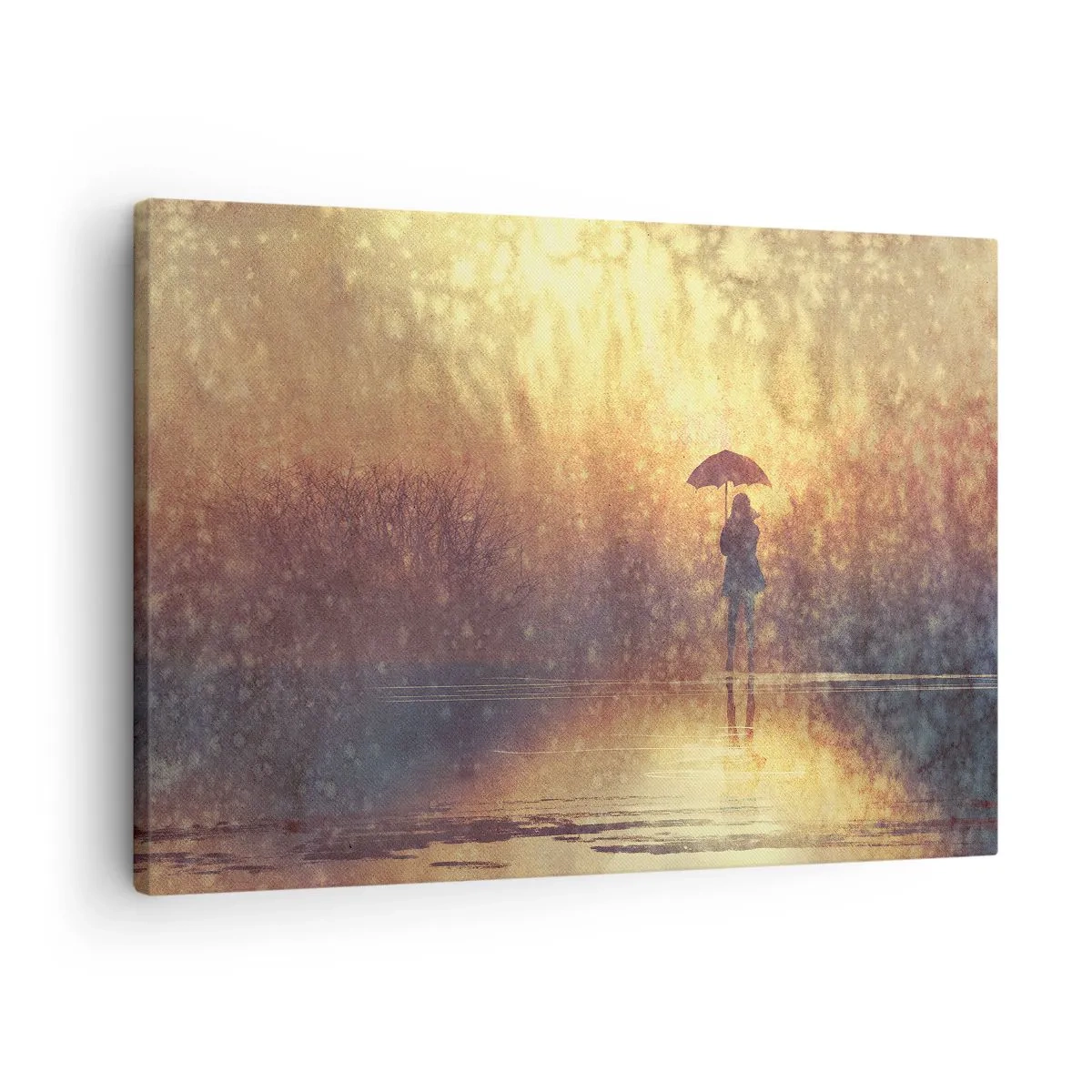 Vászonkép - Egy alak esernyővel egy tükröződésekkel teli ködös tájban - 70x50cm - Érzem, hogy valaki engem néz - Modern fali dekoráció nappalihoz és hálószobához ARTTOR