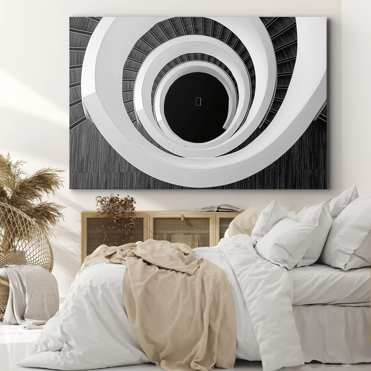 Vászonkép - Fekete-fehér csigalépcső modern stílusban - 70x50cm - Lényegre törő - Modern fali dekoráció nappalihoz és hálószobához ARTTOR
