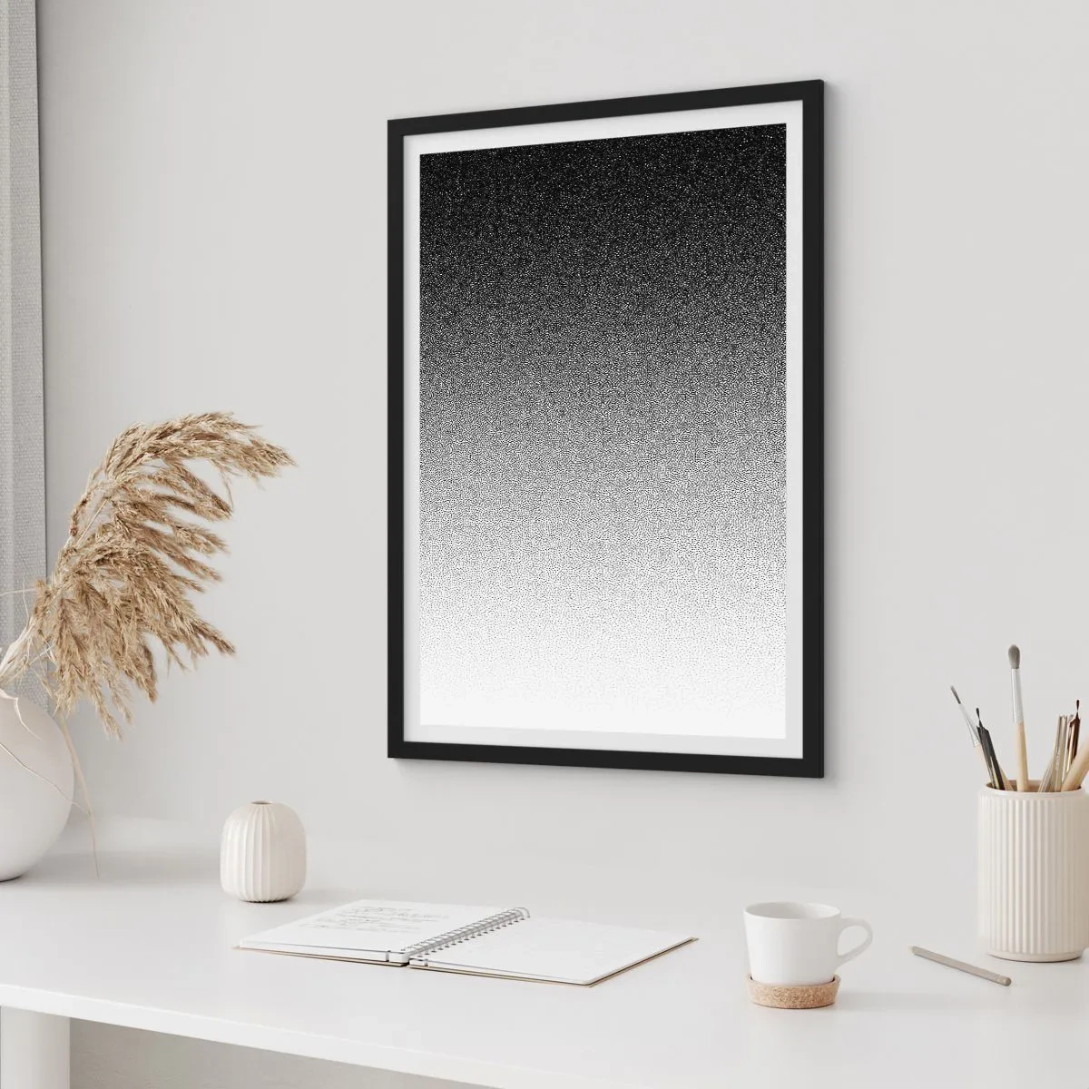 Poszter fehér keretben - Minimalista fekete-fehér színátmenet pontozott mintában - 50x70cm - A fény felé - Modern fali dekoráció nappalihoz és hálószobához ARTTOR