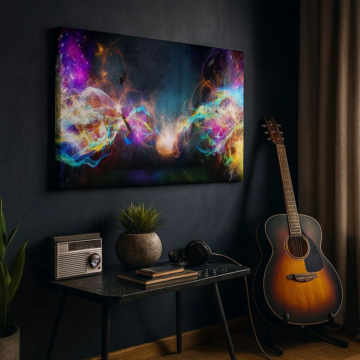 Vászonkép - Színes fényvillanások egy absztrakt kompozícióban - 70x50cm - Vígan a sötét ellen - Modern fali dekoráció nappalihoz és hálószobához ARTTOR