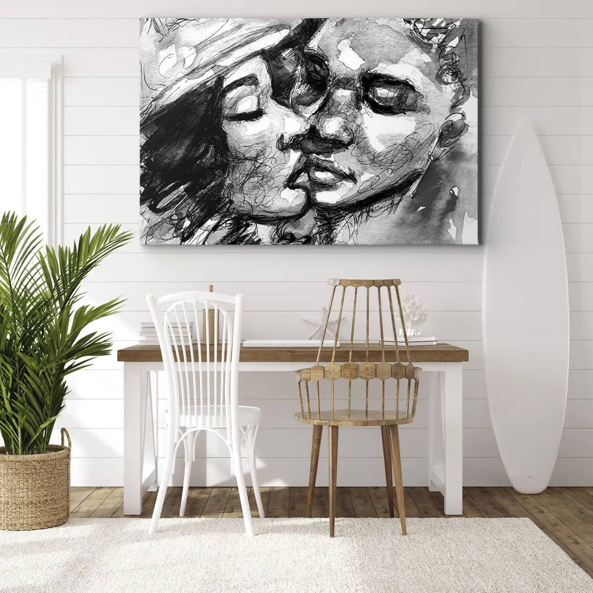 Vászonkép - Egy fekete-fehér akvarell, amely két ember közötti bensőséges pillanatot ábrázol. - 70x50cm - Egy érzelmes pillanat - Modern fali dekoráció nappalihoz és hálószobához ARTTOR