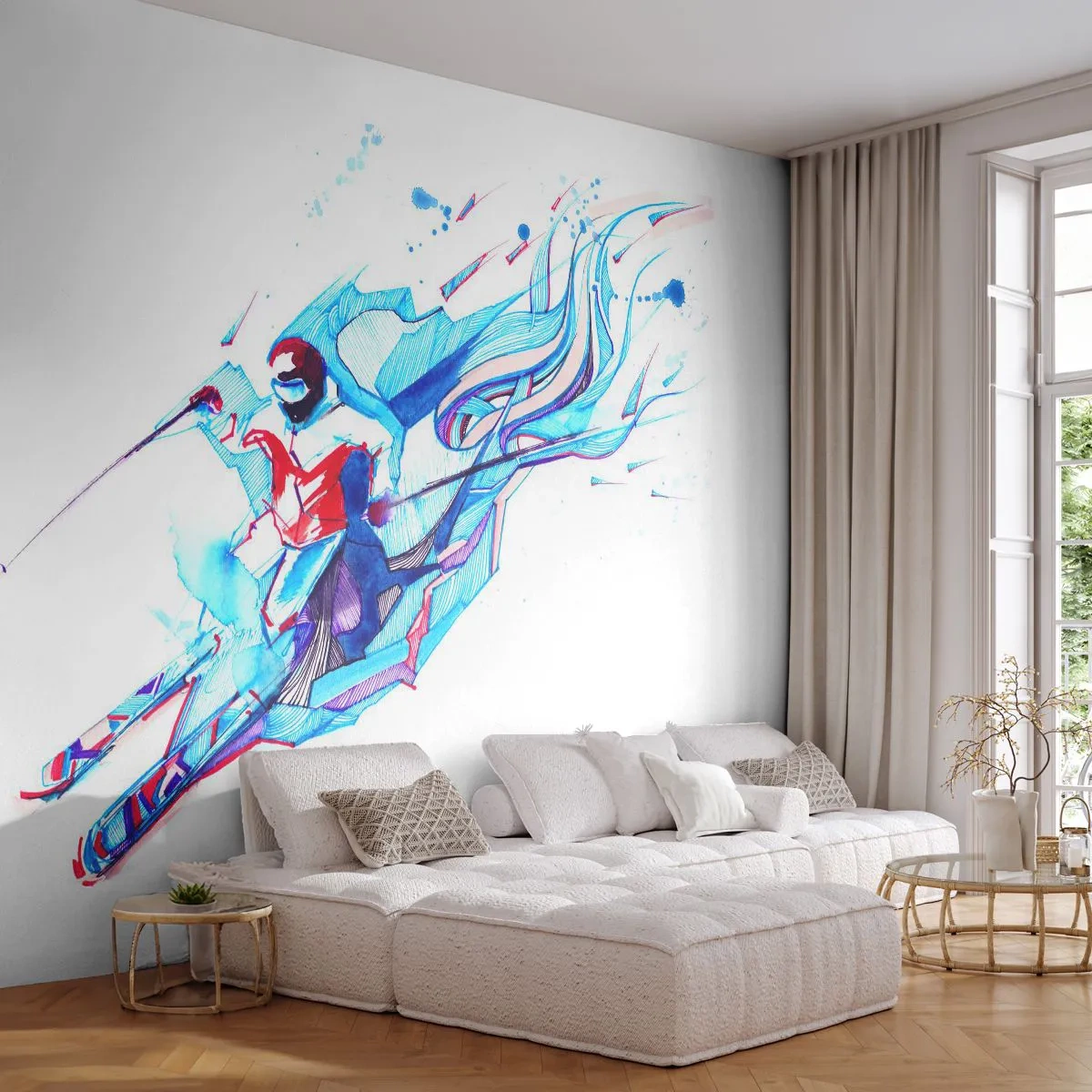 Fotótapéta Standard Eco - Őrült rohanás a boldogsághoz - Absztrakció, Sílécek, Síelő - 200x140 cm