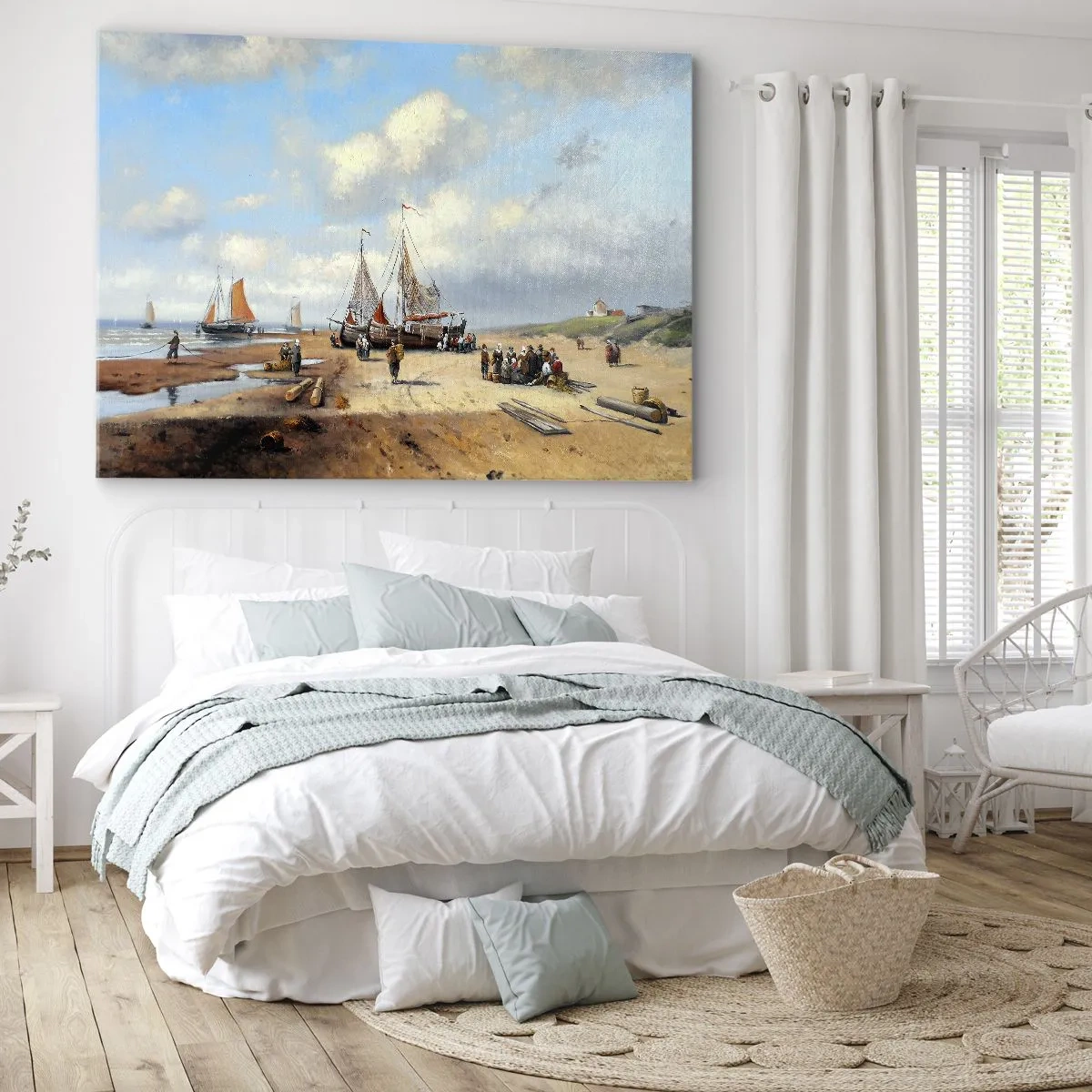 Vászonkép - Halászhajók a tengerparton emberi alakokkal - 70x50cm - Egy sikeres fogás után - Modern fali dekoráció nappalihoz és hálószobához ARTTOR