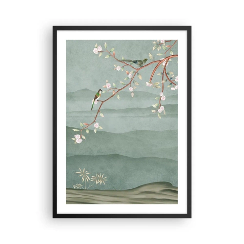Poszter fehér keretben - Madarak egy virágzó ágon, kilátással a dombokra - 50x70cm - Tavasz, ah, te vagy az - Modern fali dekoráció nappalihoz és hálószobához ARTTOR