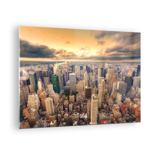 Üveg kép - Városi panoráma felhőkarcolókkal naplementekor - 70x50cm - Aranyozott metropolisz - Modern fali dekoráció nappalihoz és hálószobához ARTTOR