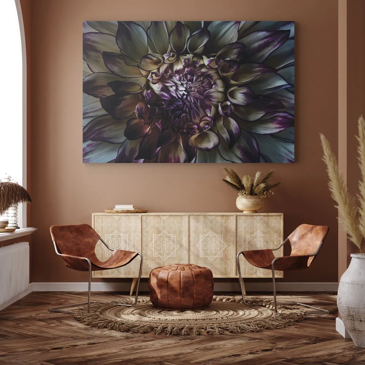Vászonkép - Dália virág közeli képe sötét tónusokban - 70x50cm - A fiatalság kivirágzása - Modern fali dekoráció nappalihoz és hálószobához ARTTOR