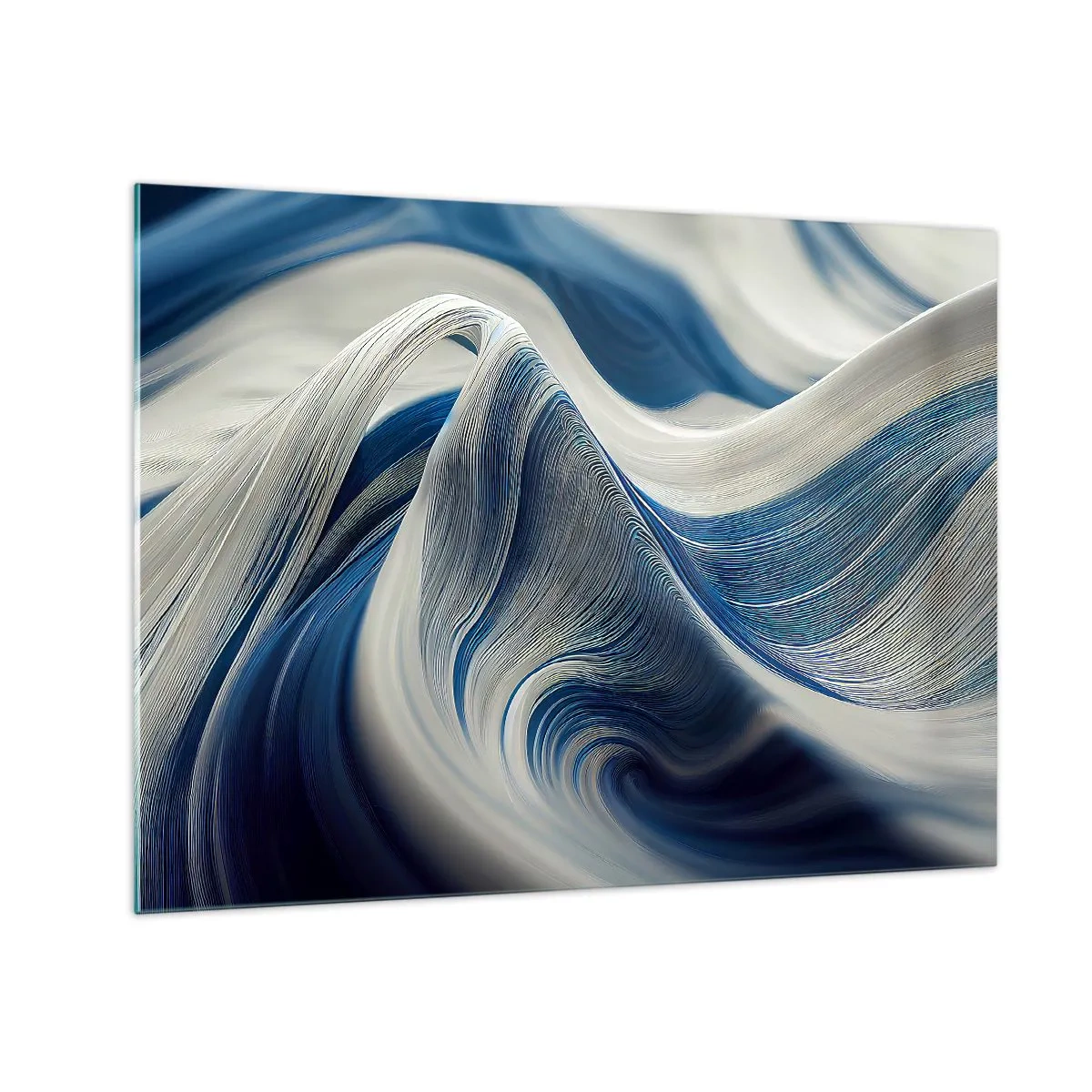 Üveg kép - Dinamikus absztrakció kék és fehér árnyalatokban - 70x50cm - Kék és fehér folyékonysága - Modern fali dekoráció nappalihoz és hálószobához ARTTOR