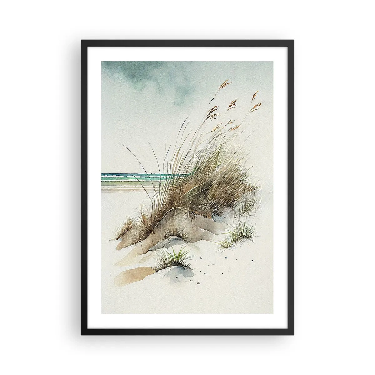 Poszter fehér keretben - Akvarell stílusú dűnék füvekkel a nyugodt tenger mellett - 50x70cm - Homokba burkolózva - Modern fali dekoráció nappalihoz és hálószobához ARTTOR