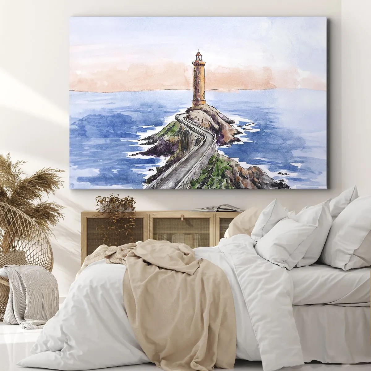 Vászonkép - Egy világítótorony egy sziklás parton - 70x50cm - Szemben a tengerrel - Modern fali dekoráció nappalihoz és hálószobához ARTTOR