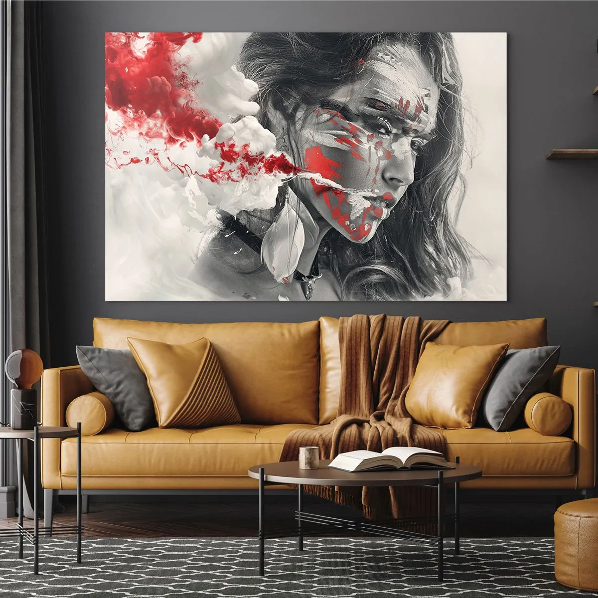 Üveg kép - Egy nő portréja absztrakt piros és fehér mintákkal - 70x50cm - Az abszurditás füstjében - Modern fali dekoráció nappalihoz és hálószobához ARTTOR
