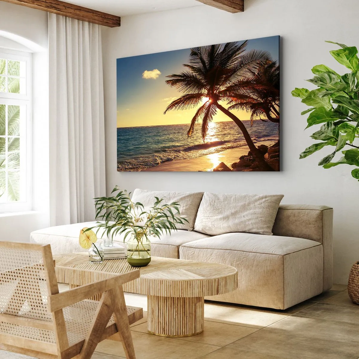 Vászonkép - Trópusi naplemente egy pálmafás tengerparton - 70x50cm - Nyár a pálmafák alatt - Modern fali dekoráció nappalihoz és hálószobához ARTTOR