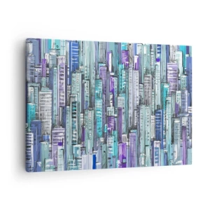 Vászonkép - Egy város illusztrációja geometrikus épületekkel kék és lila árnyalatokban. - 70x50cm - Kikékült az égtől - Modern fali dekoráció nappalihoz és hálószobához ARTTOR