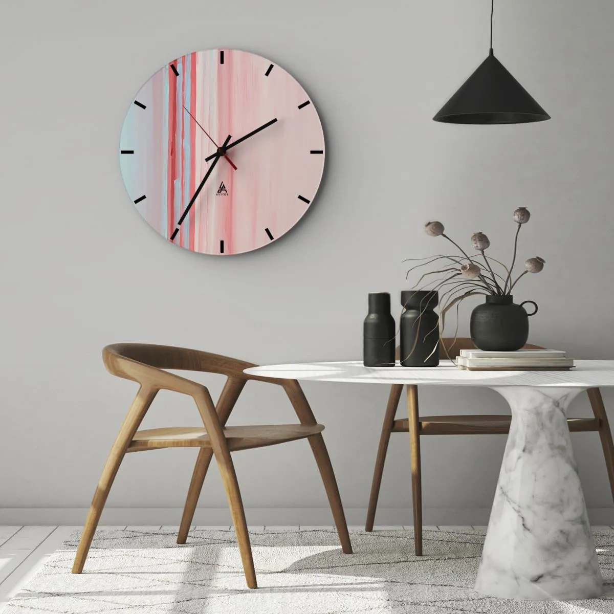Falióra, Óra - Pasztell függőleges csíkok rózsaszín és kék árnyalatokban - 30x30cm - Absztrakció hajnalban - Modern fali dekoráció nappalihoz, konyhához és hálószobához ARTTOR