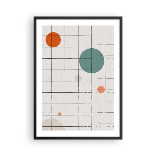 Poszter fehér keretben - Rács és színes körök absztrakt kompozíciója - 50x70cm - Csapdába esve. Mi vagy ők? - Modern fali dekoráció nappalihoz és hálószobához ARTTOR