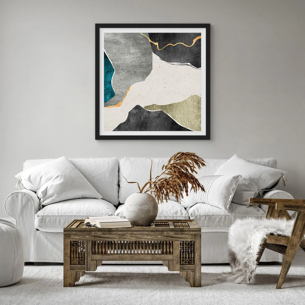 Poszter fehér keretben - Mozaik kompozíció aranyszállal - 60x60 cm