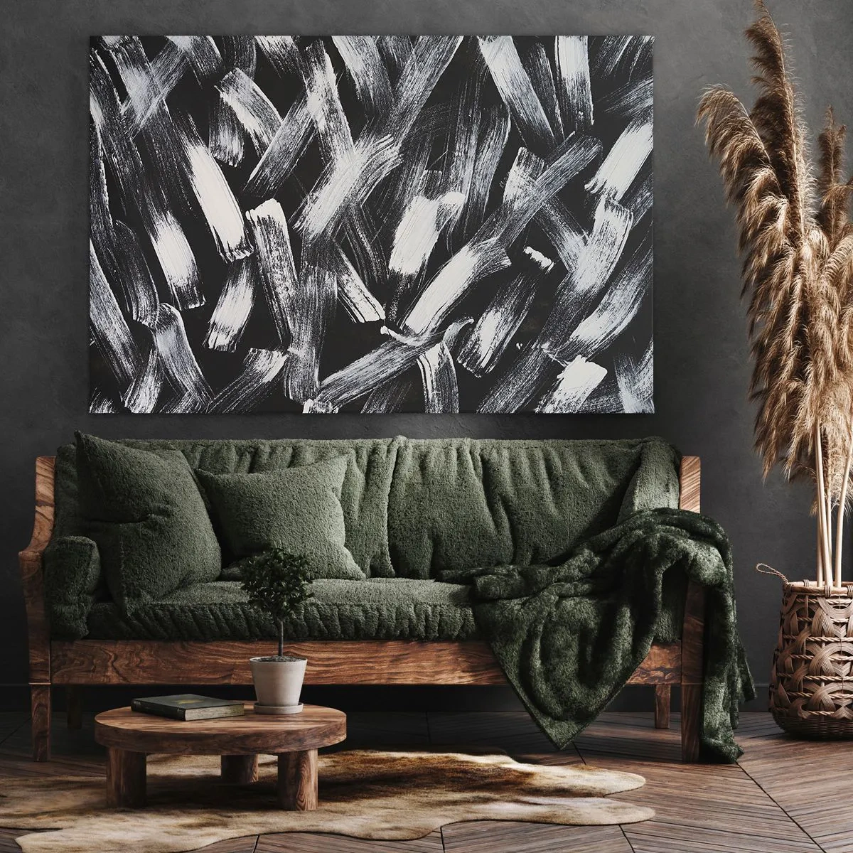 Vászonkép - Dinamikus absztrakció fehér ecsetvonásokkal fekete háttéren. - 70x50cm - Absztrakció az ipari szellemben - Modern fali dekoráció nappalihoz és hálószobához ARTTOR