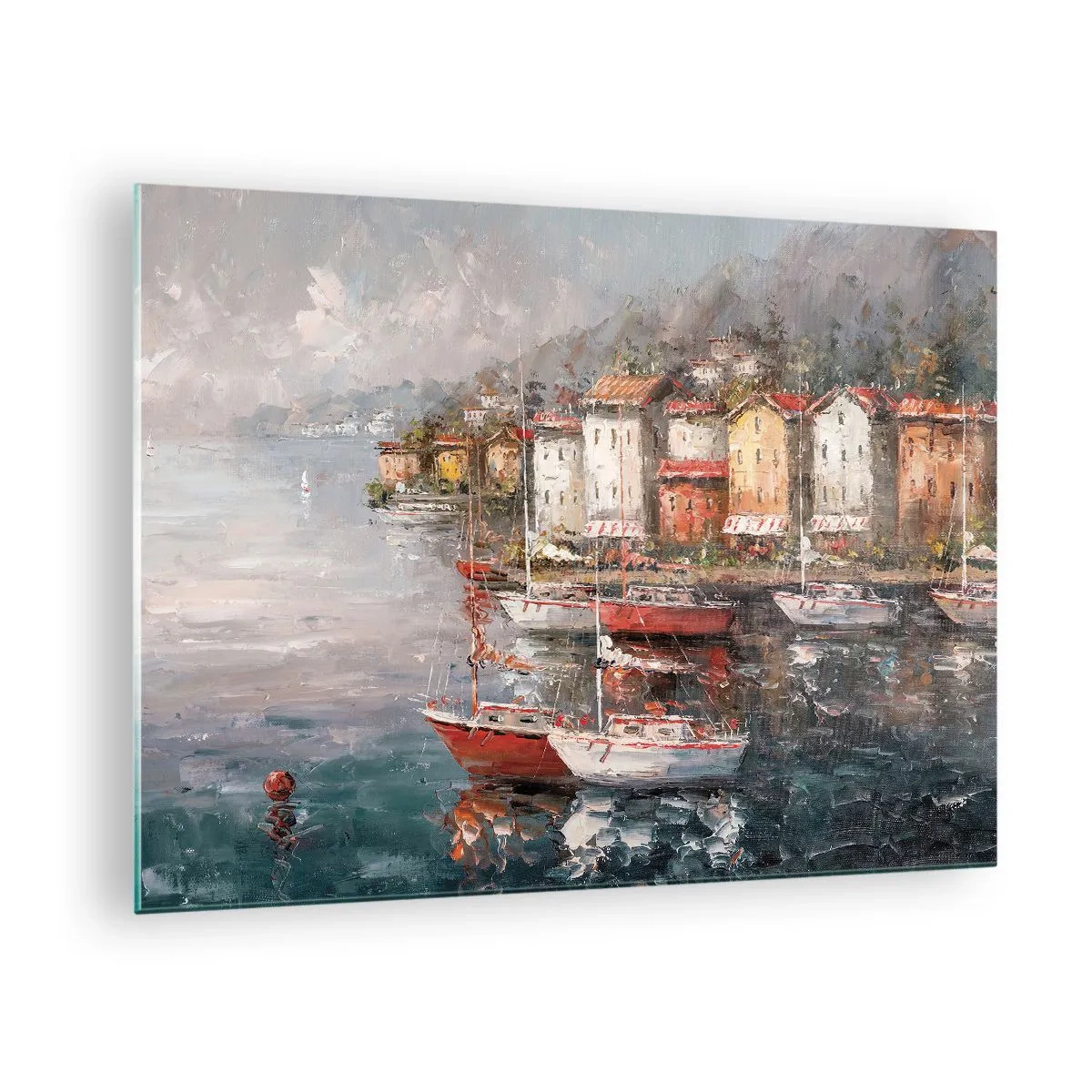 Üveg kép - Festői kikötő vitorlásokkal és színes házakkal - 70x50cm - Romantikus kikötő - Modern fali dekoráció nappalihoz és hálószobához ARTTOR