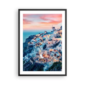 Poszter fehér keretben - Festői kilátás a kivilágított házakra Santorini-n naplementekor - 50x70cm - Nagyszerű görög vakációd - Modern fali dekoráció nappalihoz és hálószobához ARTTOR