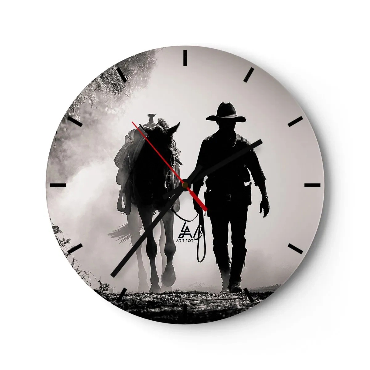 Falióra, Óra - Egy cowboy vezeti a lovát a reggeli ködben - 30x30cm - Texasi reggel - Modern fali dekoráció nappalihoz, konyhához és hálószobához ARTTOR
