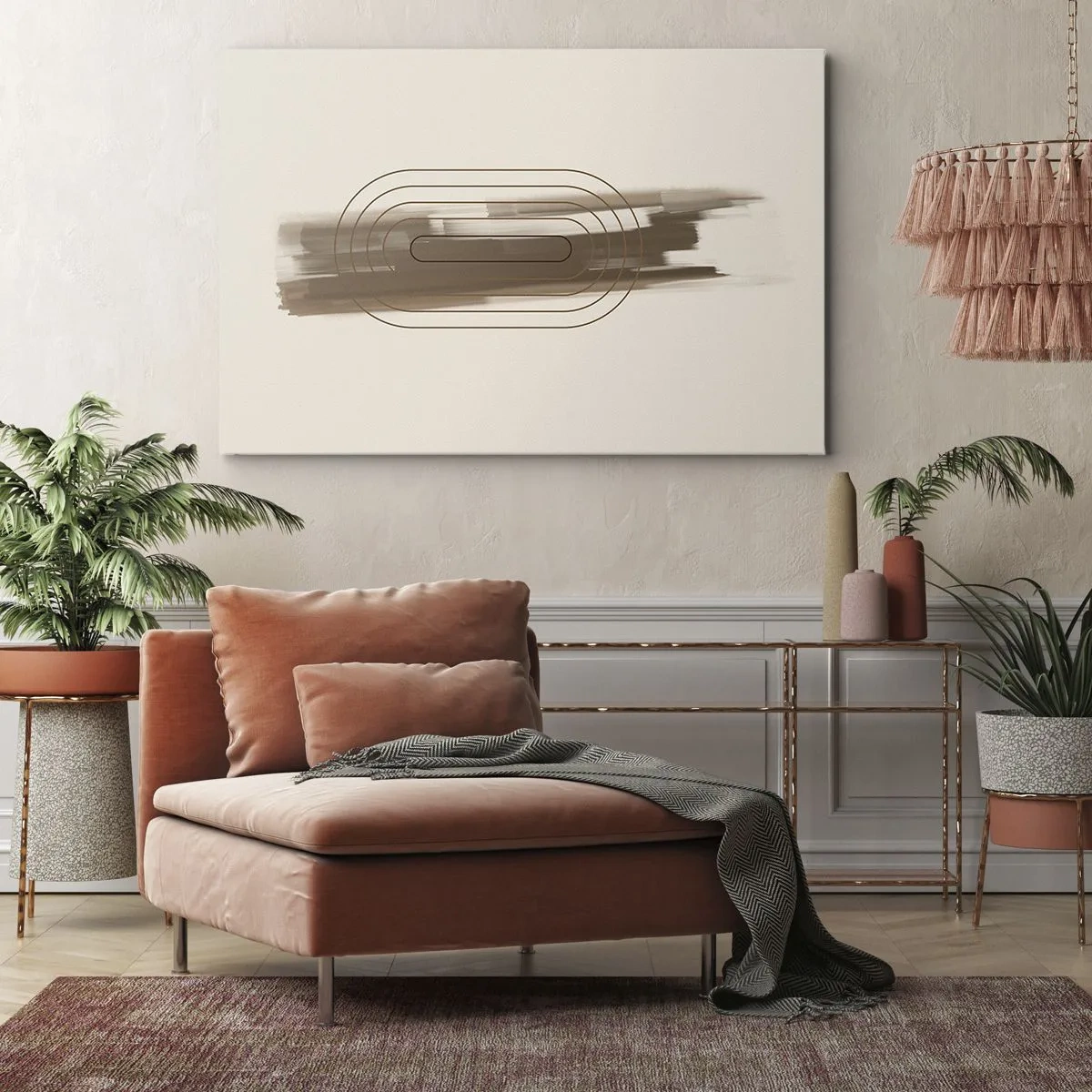 Vászonkép - Minimalista kompozíció bézs és szürke árnyalatokban, geometrikus mintával - 70x50cm - Szürke fuvallat - Modern fali dekoráció nappalihoz és hálószobához ARTTOR