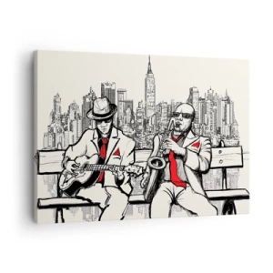 Vászonkép - Egy jazzduó szaxofonnal és gitárral a város hátterében - 70x50cm - New York-i improvizáció - Modern fali dekoráció nappalihoz és hálószobához ARTTOR