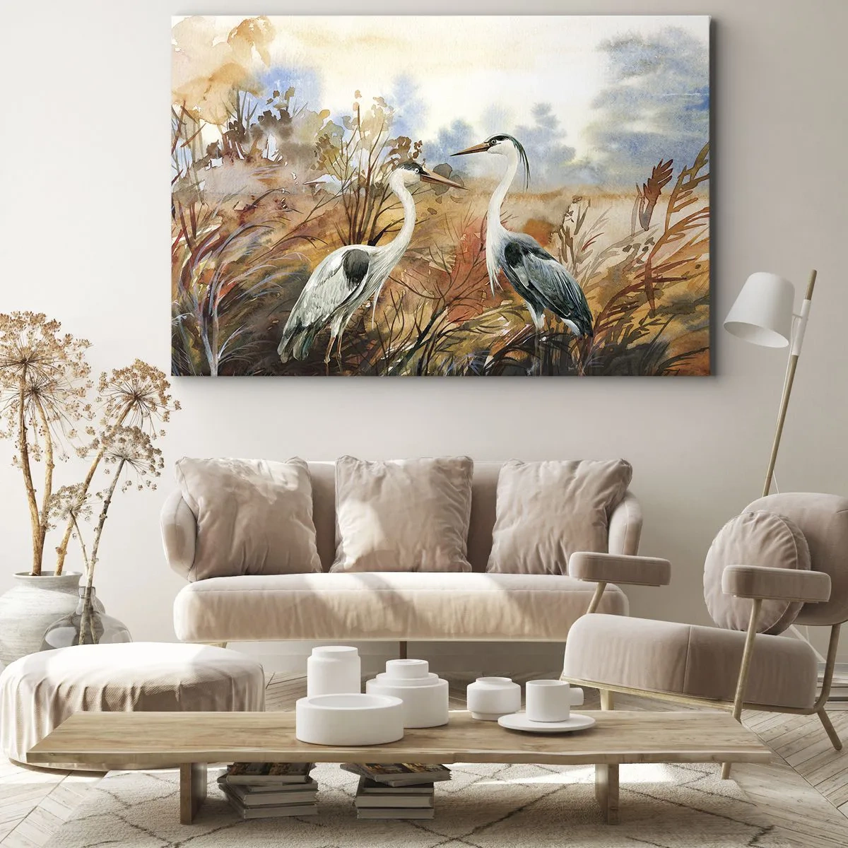 Vászonkép - Két gém az őszi táj hátterében - 70x50cm - Hová ősszel? - Modern fali dekoráció nappalihoz és hálószobához ARTTOR